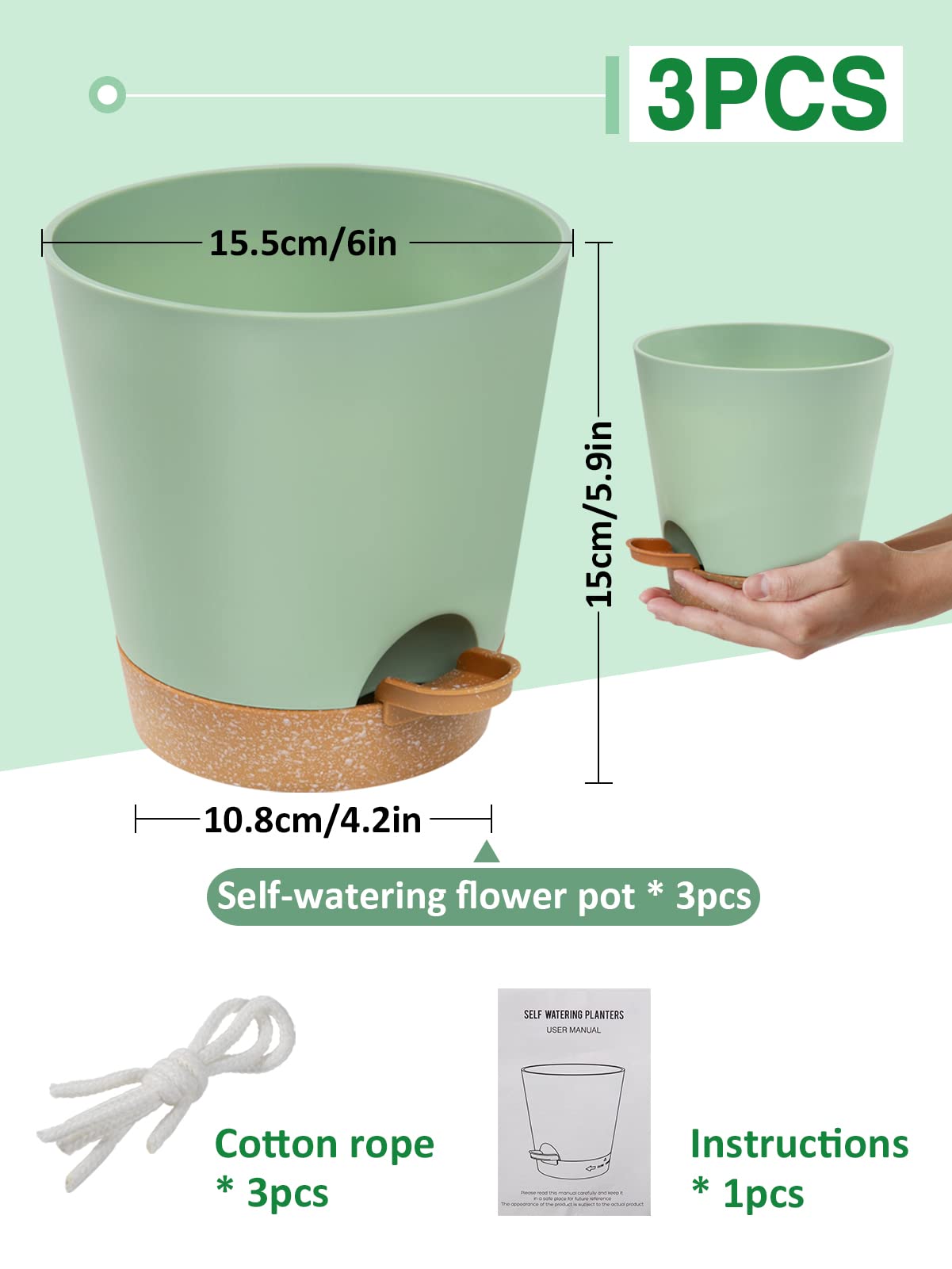 6inch Self Watering Pots for Indoor Plants - 3pcs Flower Pots Planter with Drainage Holes and Wick Rope for Orchid African Violet Snake Plant Succulent Live Plants - Plantonio