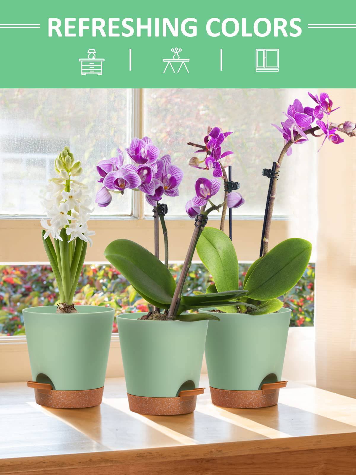 6inch Self Watering Pots for Indoor Plants - 3pcs Flower Pots Planter with Drainage Holes and Wick Rope for Orchid African Violet Snake Plant Succulent Live Plants - Plantonio