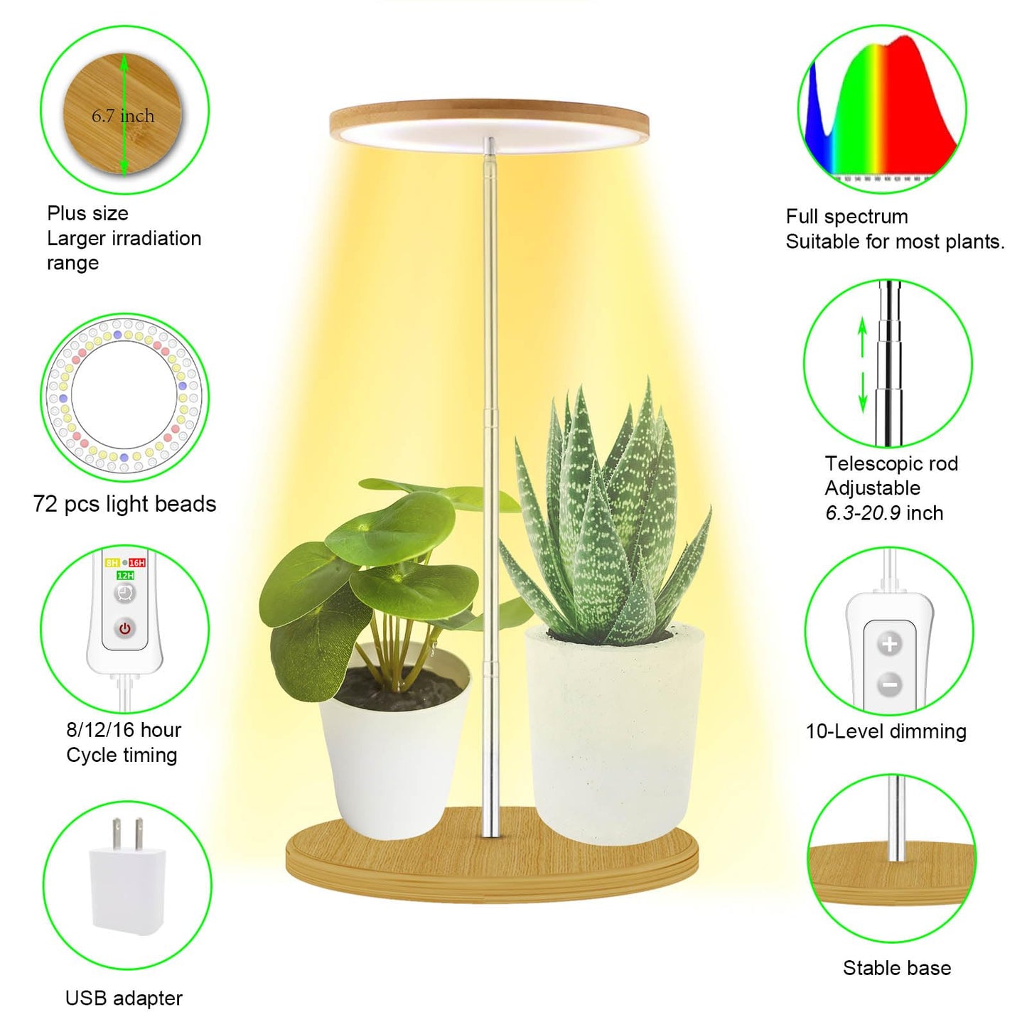 yadoker Plant Grow Light for Indoor Plant,Bamboo Mini LED Grow Light Garden,Height Adjustable,Automatic Timer with 8/12/16 Hours - Plantonio