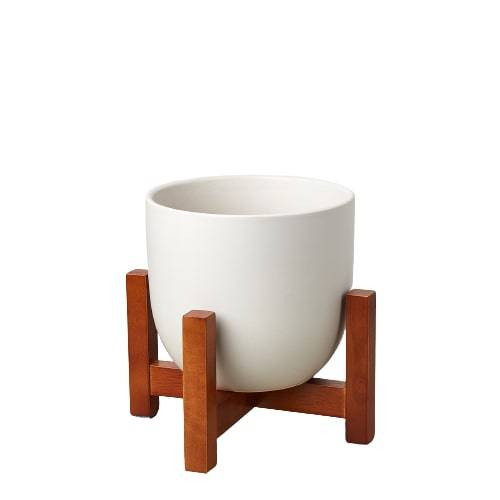 Ceramic Contour Pot with Wood Stand - 7 Inch - Plantonio