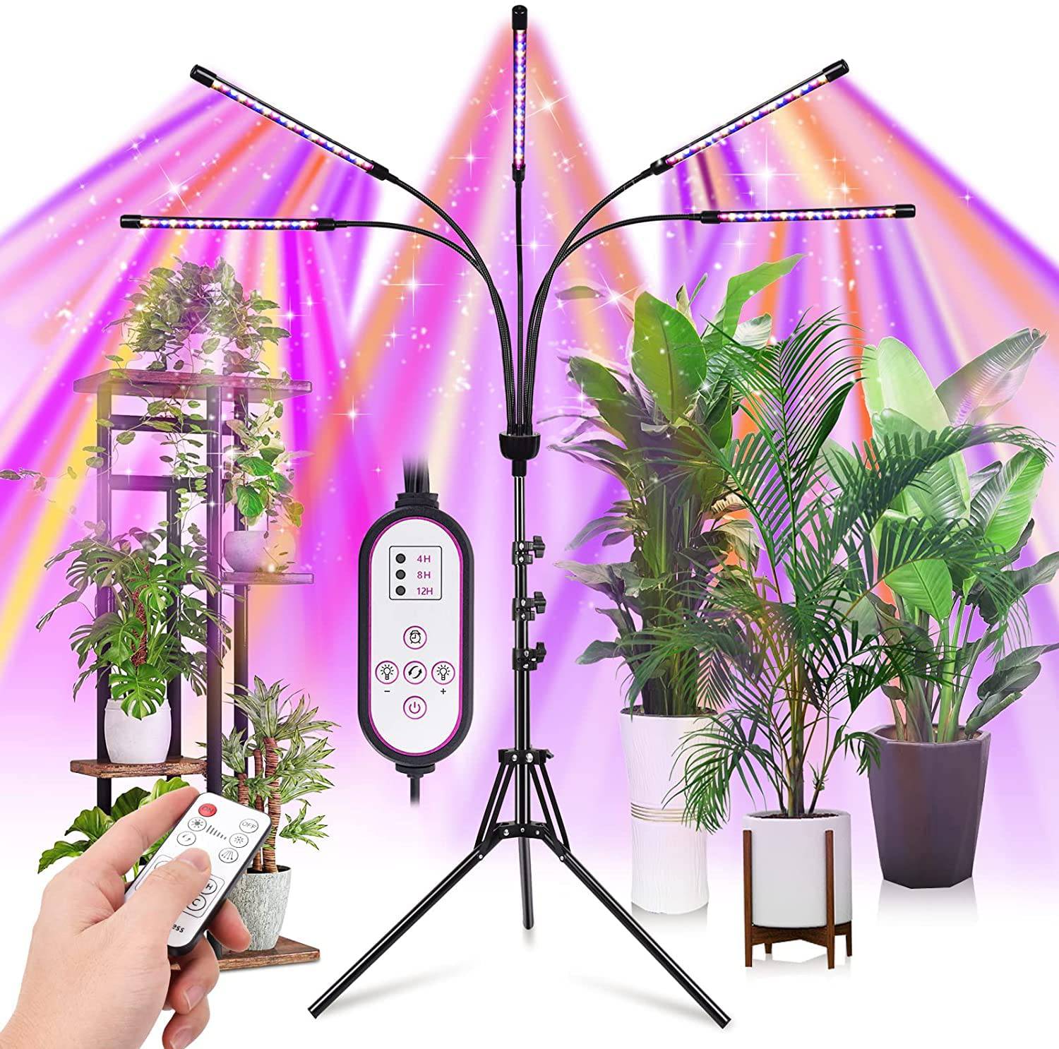 KEELIXIN Grow Lights for Indoor Plants,5 Heads Red Blue White Full Spectrum Plant Light with 15-60" Adjustable Tripod Stand, Indoor Grow Lamp with Remote Control and Auto On/Off Timer Function - Plantonio