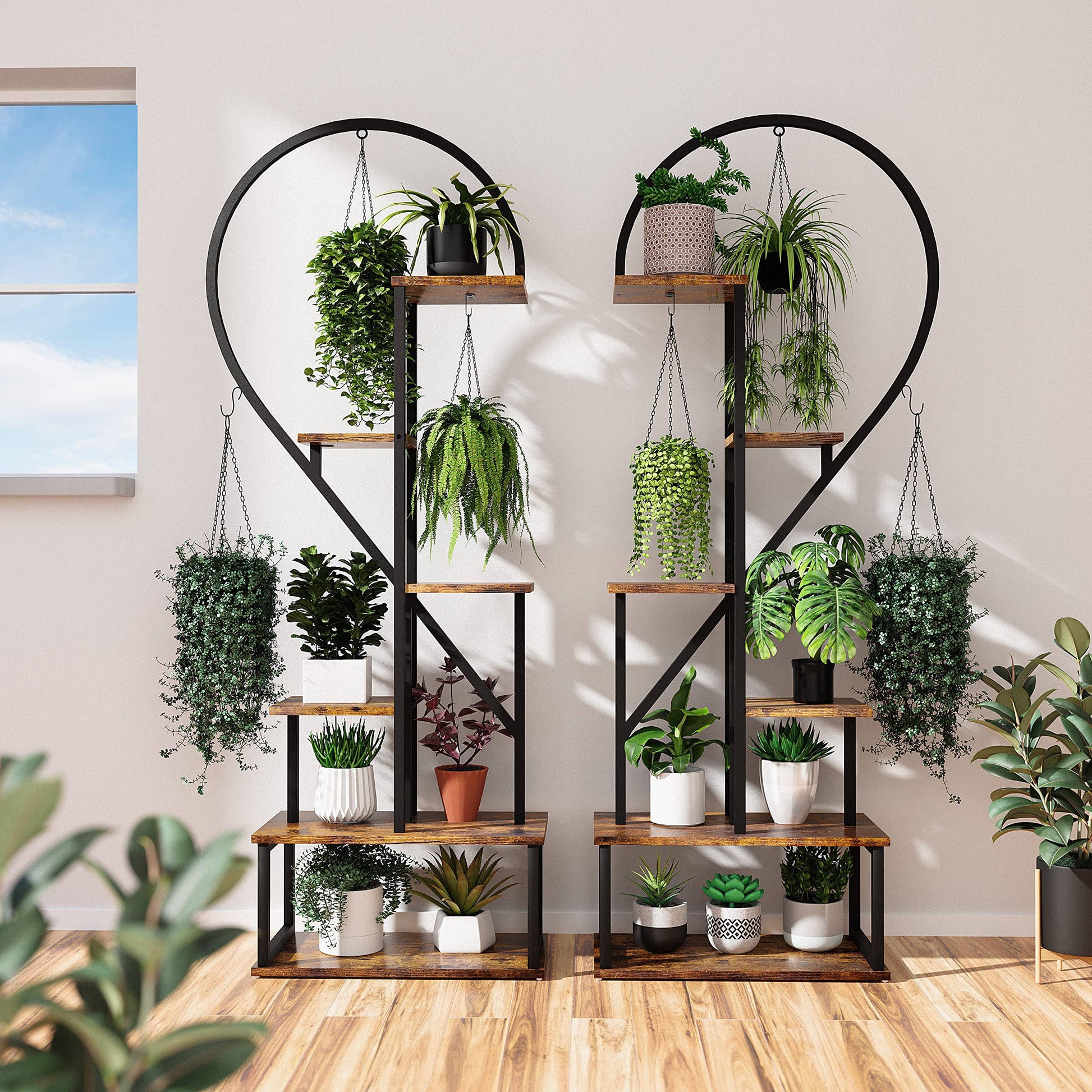 POTEY 6 Tier Metal Plant Stand, Creative Half Heart Shape Ladder Plant Stands for Indoor Plants Multiple, Black Plant Shelf Rack for Home Patio Lawn Garden (2 Pack) - Plantonio