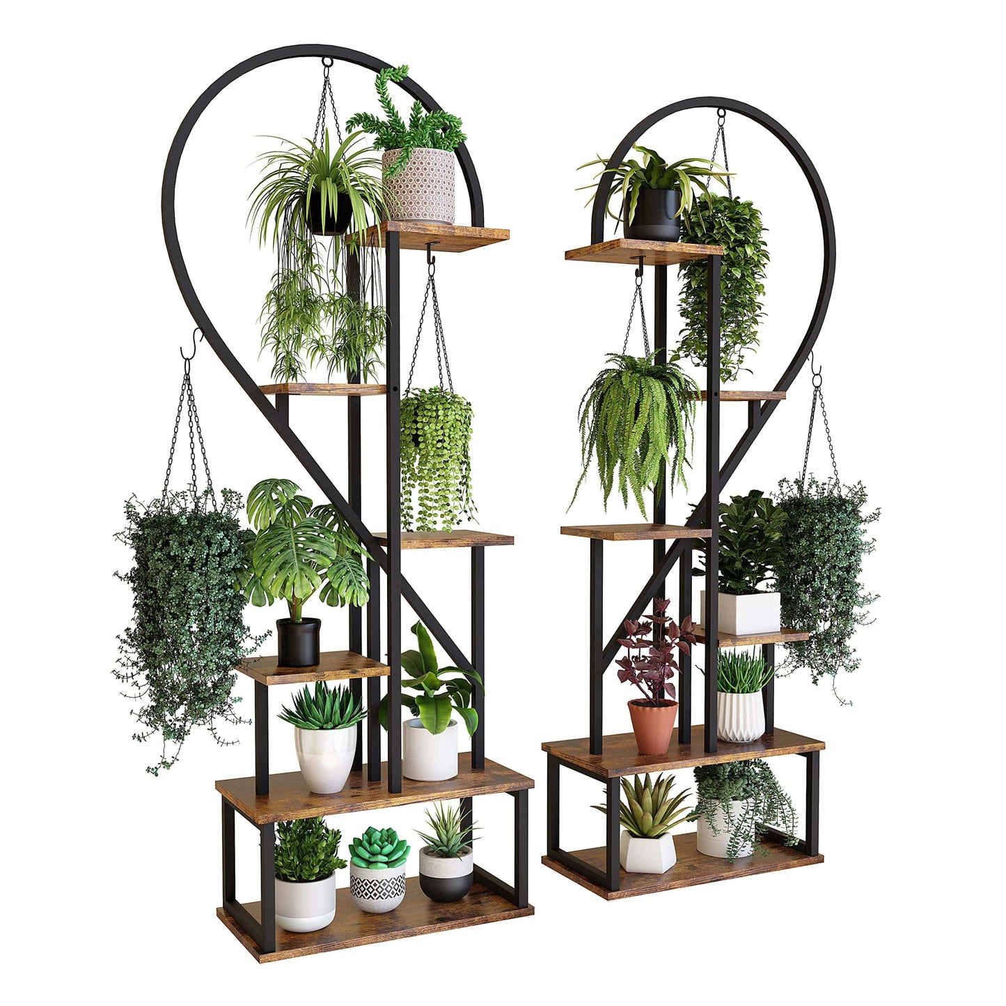 POTEY 6 Tier Metal Plant Stand, Creative Half Heart Shape Ladder Plant Stands for Indoor Plants Multiple, Black Plant Shelf Rack for Home Patio Lawn Garden (2 Pack) - Plantonio