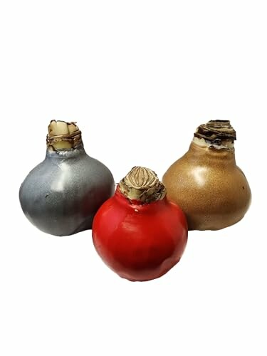 Three ceramic bulb-shaped vases in silver, red, and gold.