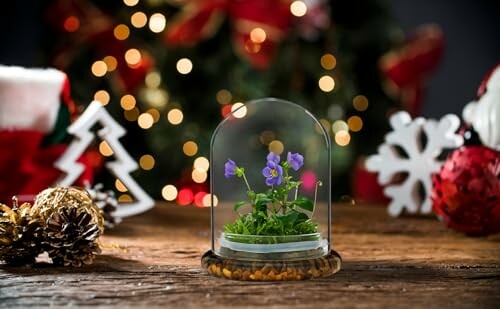 Flower in glass dome with Christmas decorations