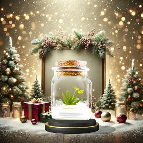 Christmas scene with jar, gifts, and festive decor.